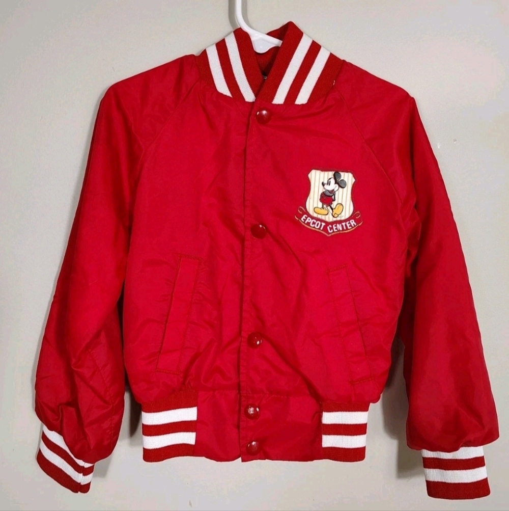 Vintage Disney EPCOT Mickey Mouse Kids Bomber Jacket Red Nylon USA Size 4